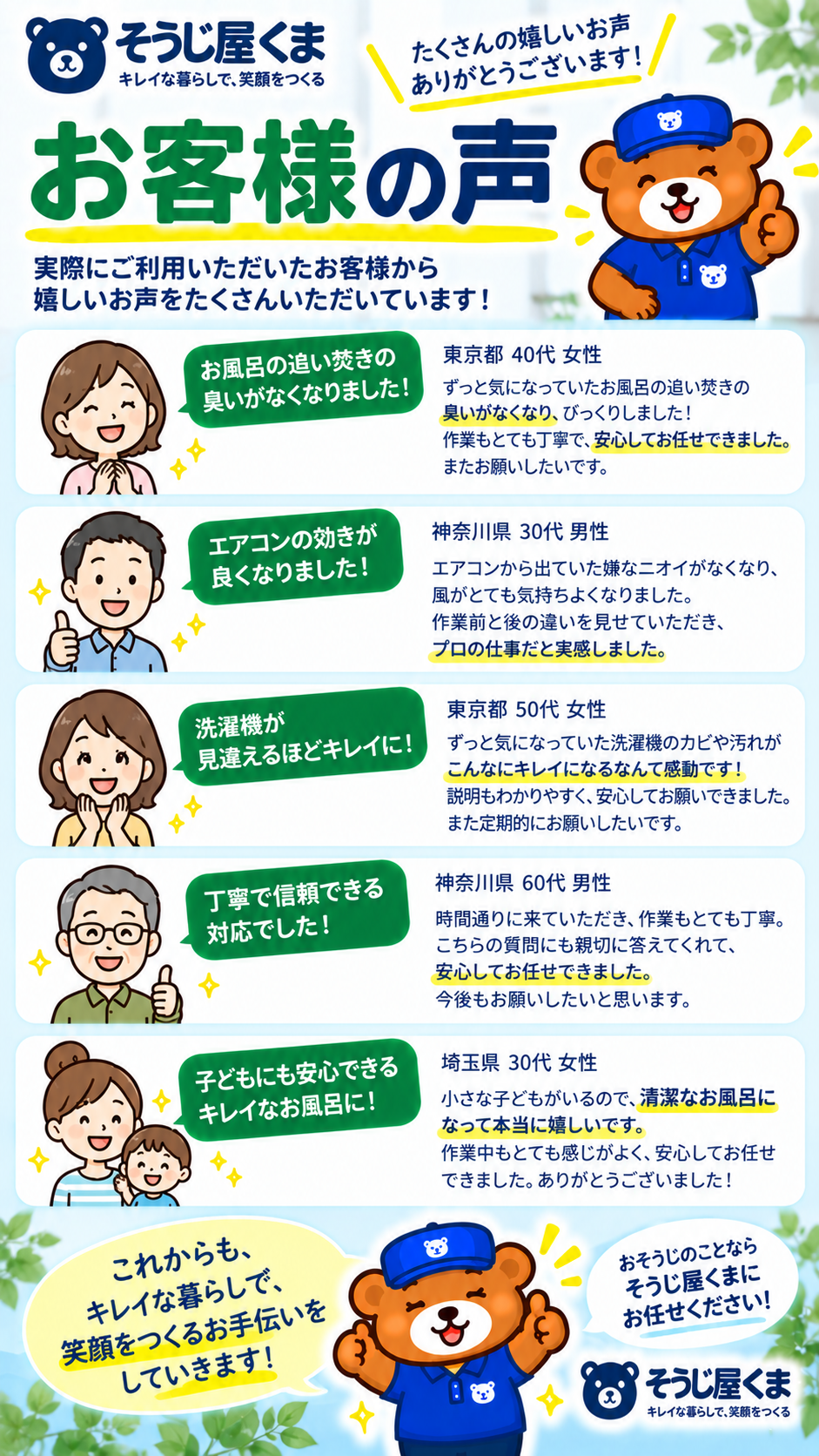 そうじ屋くまの風呂釜洗浄をご利用いただいたお客様の口コミ・感想