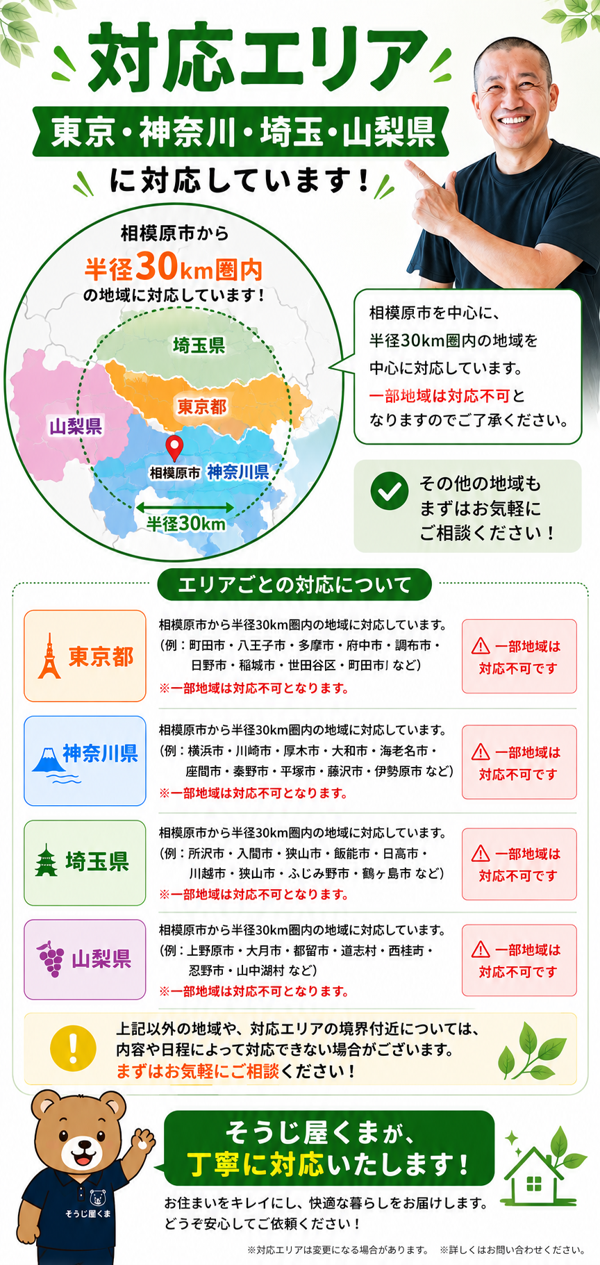 そうじ屋くまの対応エリア｜相模原市から半径30km圏内を中心に東京・神奈川・埼玉・山梨県の一部地域に対応