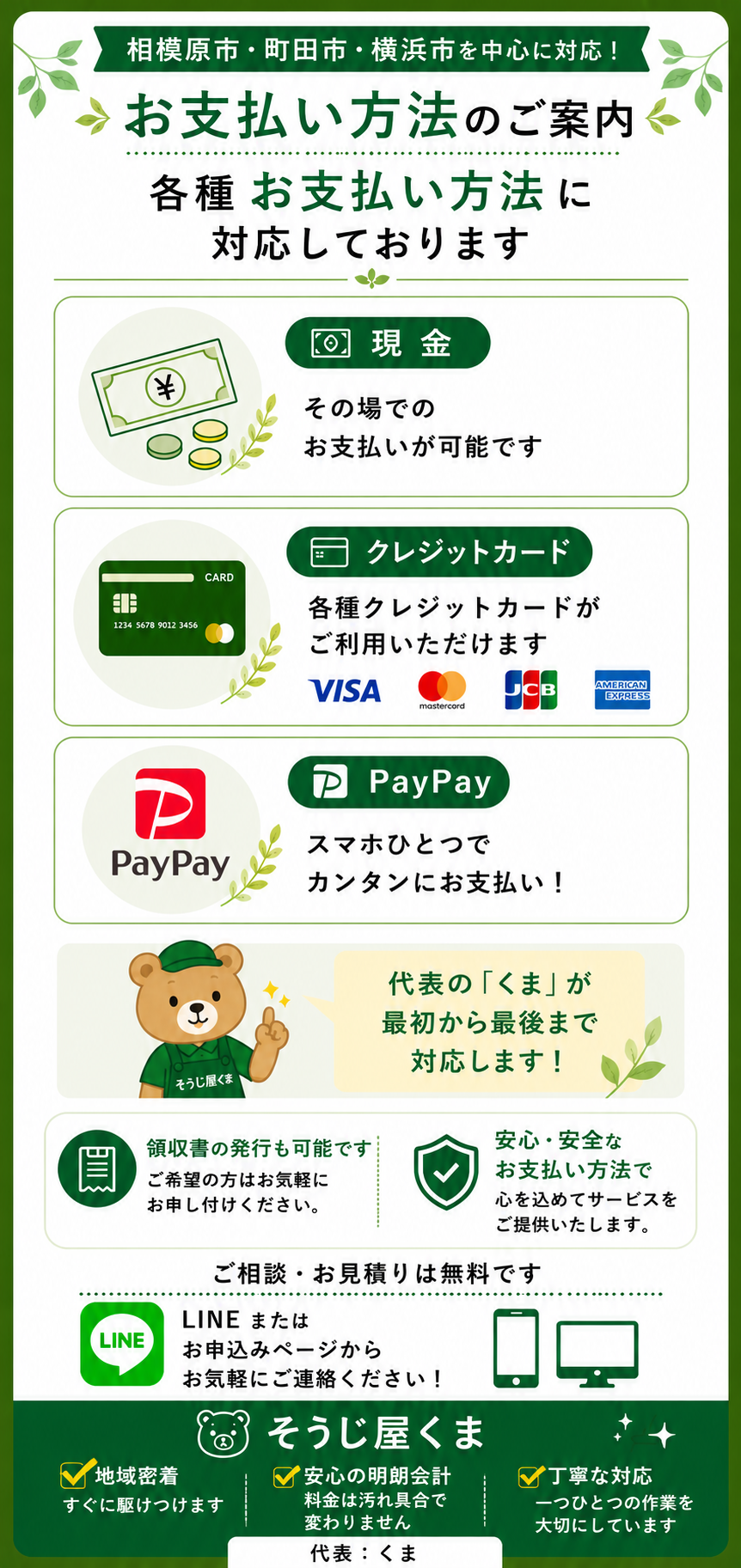 そうじ屋くまのお支払い方法のご案内。現金・クレジットカード・PayPayに対応し、領収書の発行も可能です。安心・安全なお支払い方法を紹介した画像。