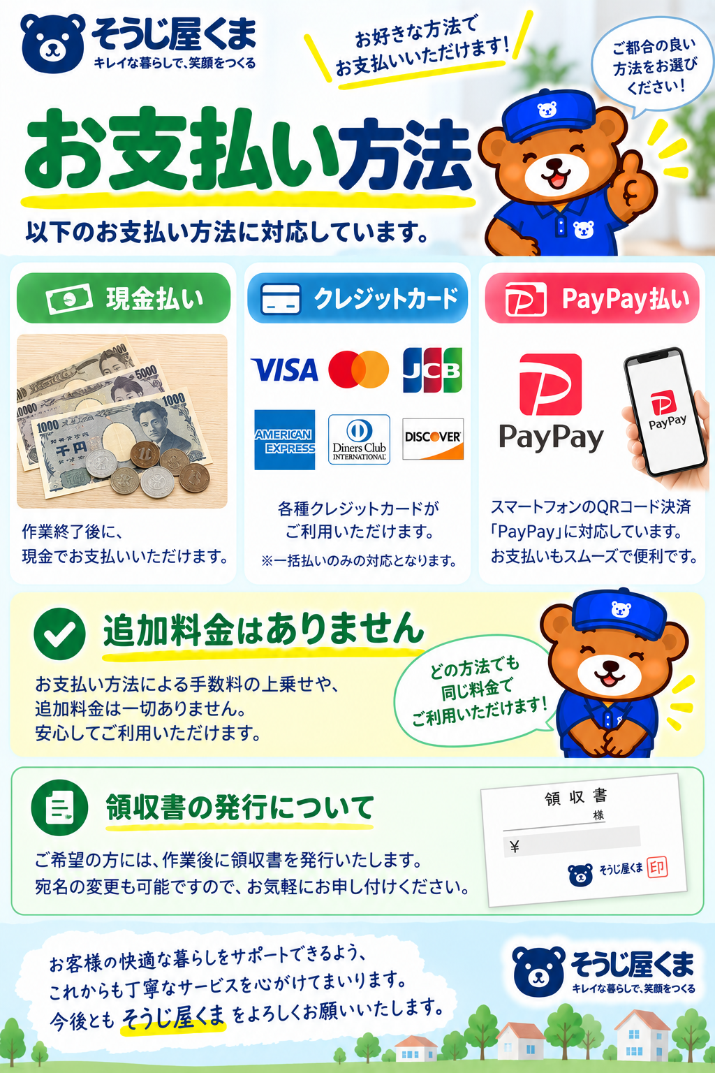 風呂釜洗浄のお支払い方法｜現金・クレジットカード・PayPay対応・領収書発行可能