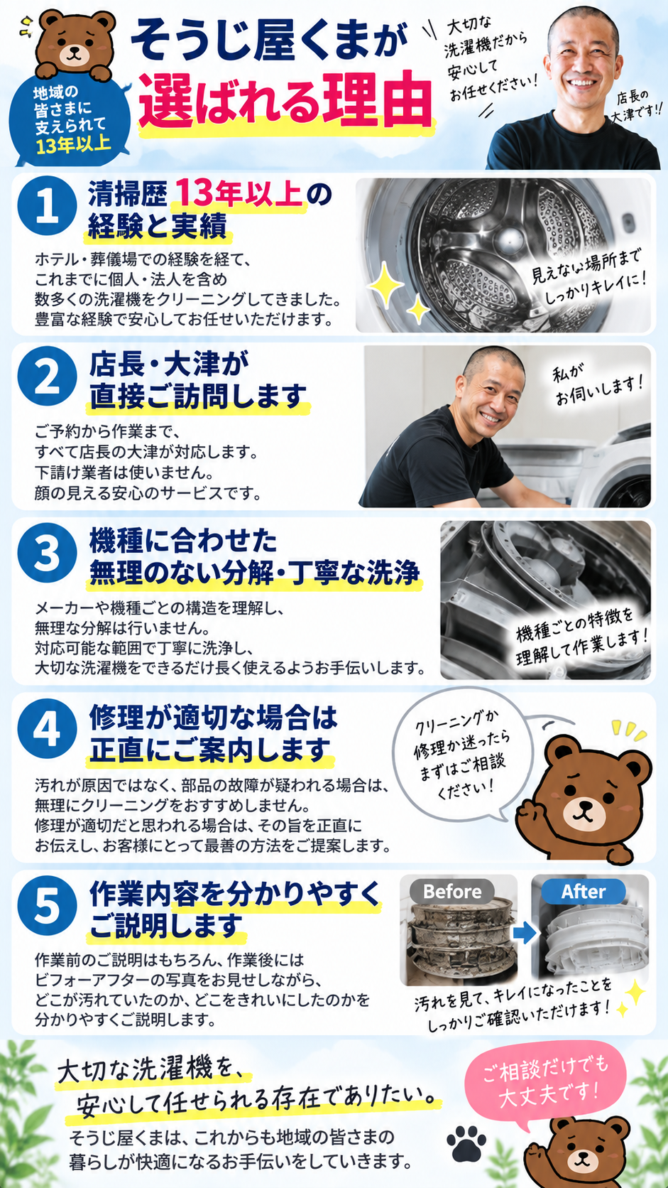 清掃歴13年の店長が直接訪問するそうじ屋くまの洗濯機クリーニングが選ばれる理由
