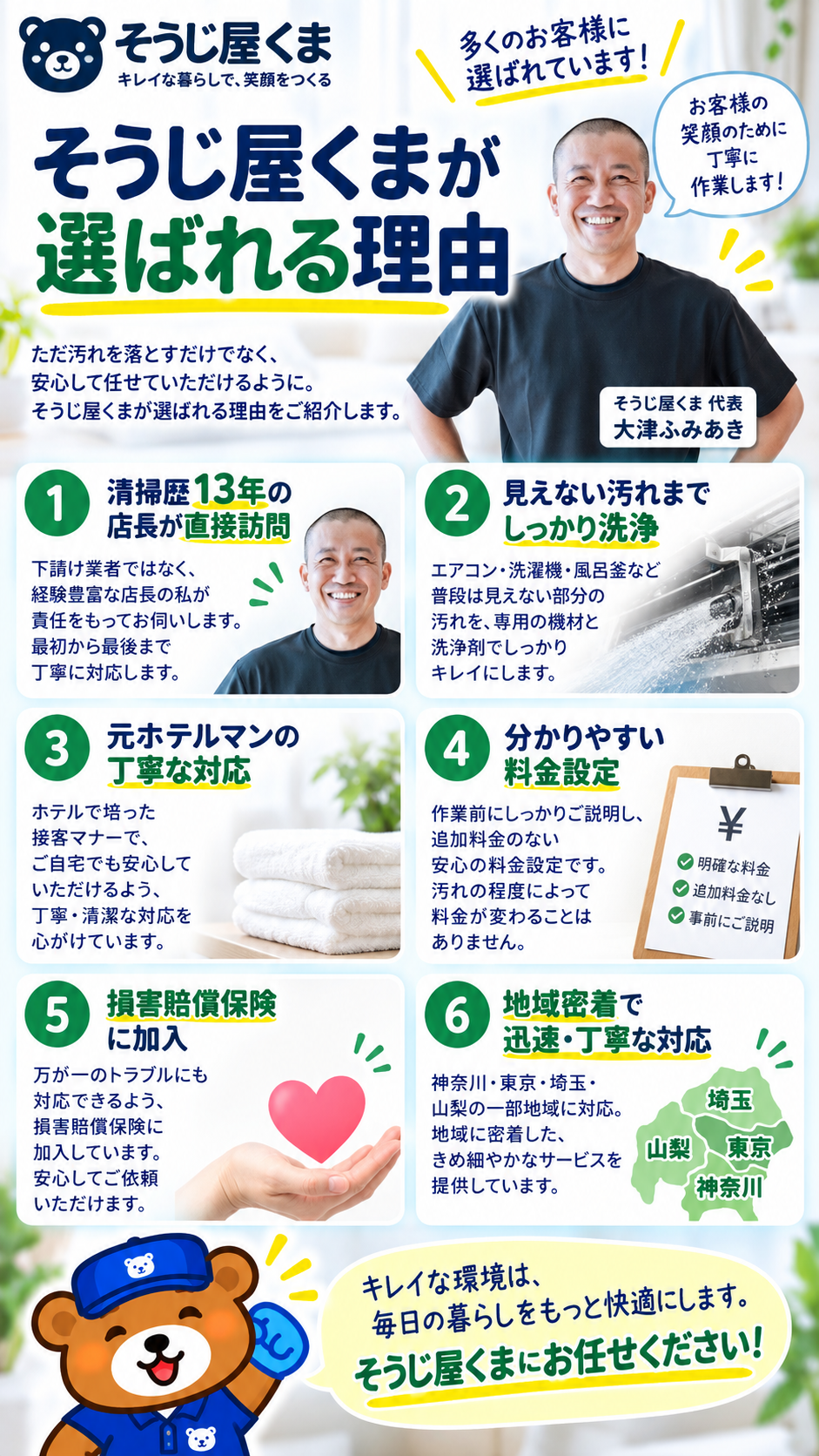 清掃歴13年の店長が直接訪問するそうじ屋くまの風呂釜洗浄が選ばれる理由