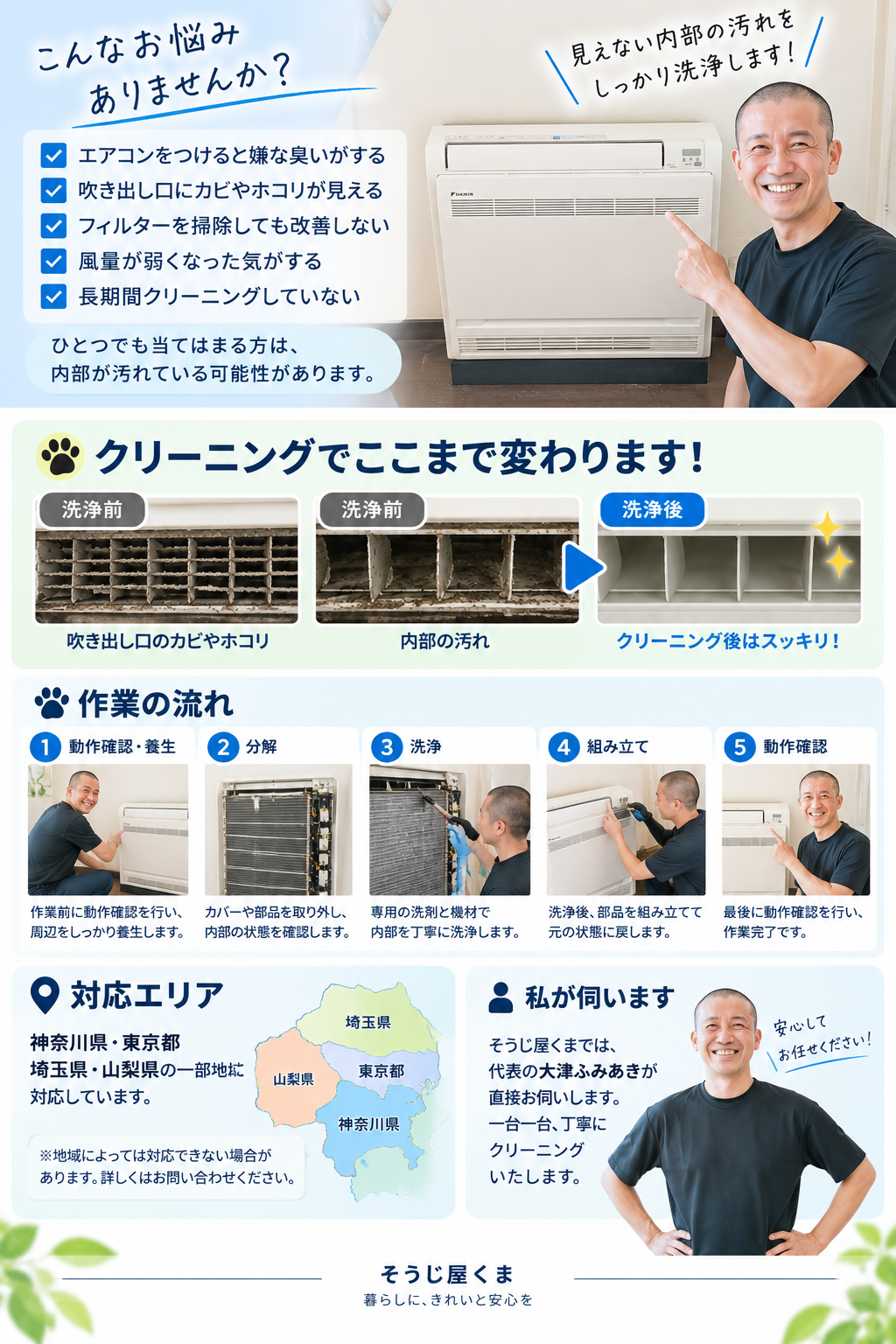 床置きエアコンクリーニング業者「そうじ屋くま」｜神奈川・東京・埼玉・山梨の一部地域に対応｜作業の流れ