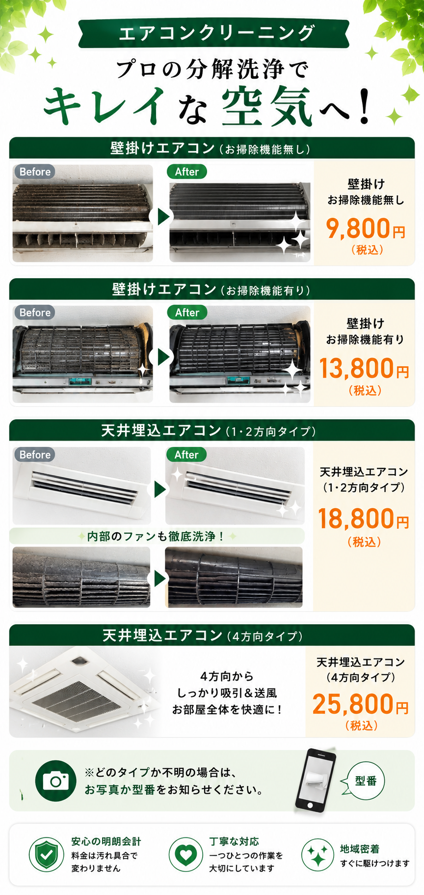 エアコンクリーニングの料金案内。壁掛けエアコン（お掃除機能なし・あり）、天井埋込エアコン（1・2方向タイプ、4方向タイプ）のビフォーアフター写真と料金を掲載。料金は壁掛けお掃除機能なし9,800円、壁掛けお掃除機能あり13,800円、天井埋込1・2方向タイプ18,800円、4方向タイプ25,800円（税込）。タイプが不明な場合は写真または型番で確認可能。内部まで分解洗浄し、キレイな空気を取り戻すエアコンクリーニングサービスの案内。