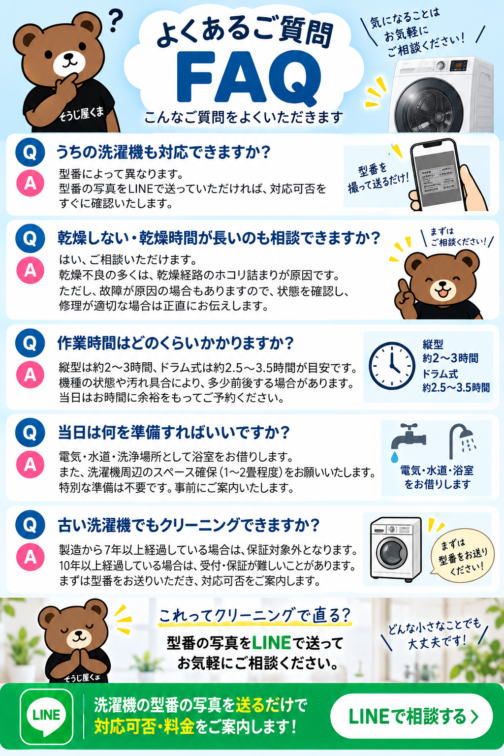 洗濯機クリーニングのよくある質問｜対応機種・乾燥不良・作業時間・当日の準備・古い洗濯機について｜そうじ屋くま