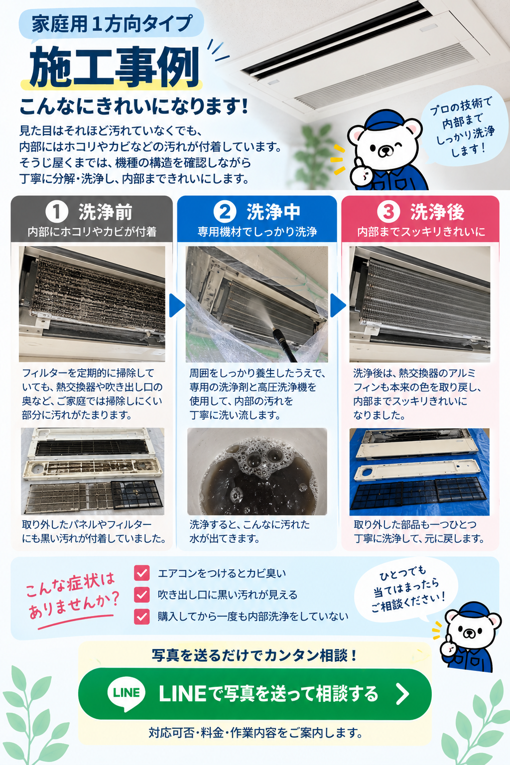 家庭用1方向タイプの天井埋込エアコンクリーニング施工事例｜洗浄前・高圧洗浄中・洗浄後のビフォーアフターを紹介するそうじ屋くま
