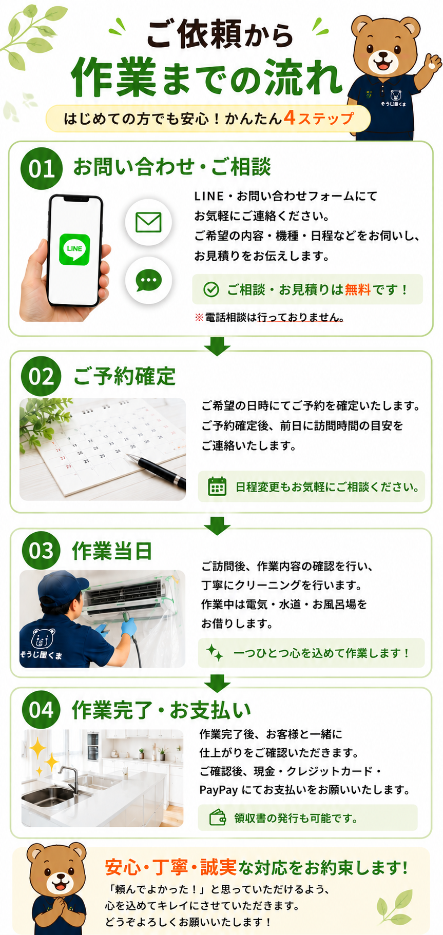 そうじ屋くまのご依頼から作業までの流れ｜LINE・お問い合わせフォームでの相談から予約、クリーニング、作業確認・お支払いまで