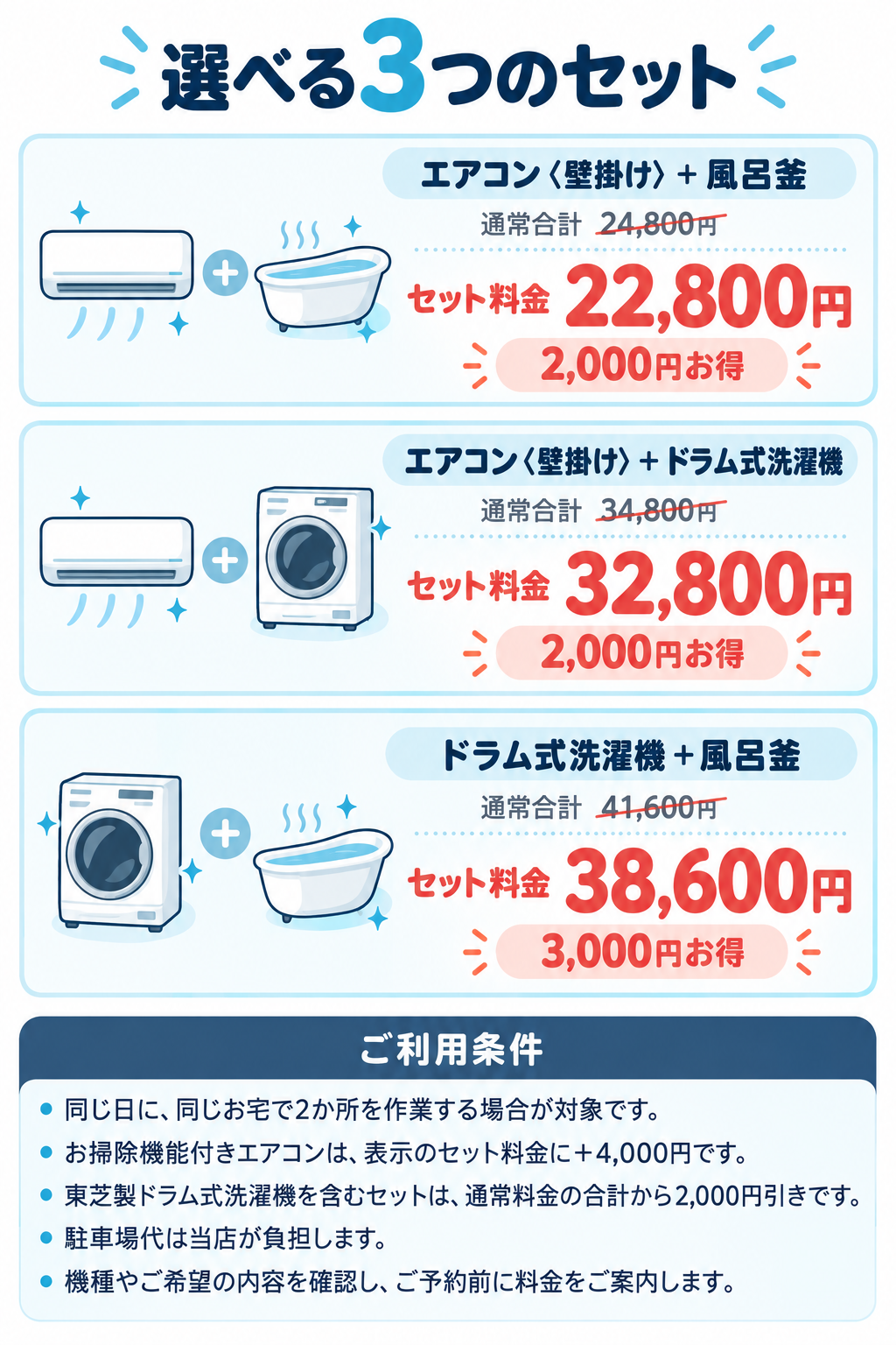 **年末大掃除セット割の料金表｜エアコンと風呂釜、エアコンとドラム式洗濯機、ドラム式洗濯機と風呂釜のセット料金・割引額・利用条件**