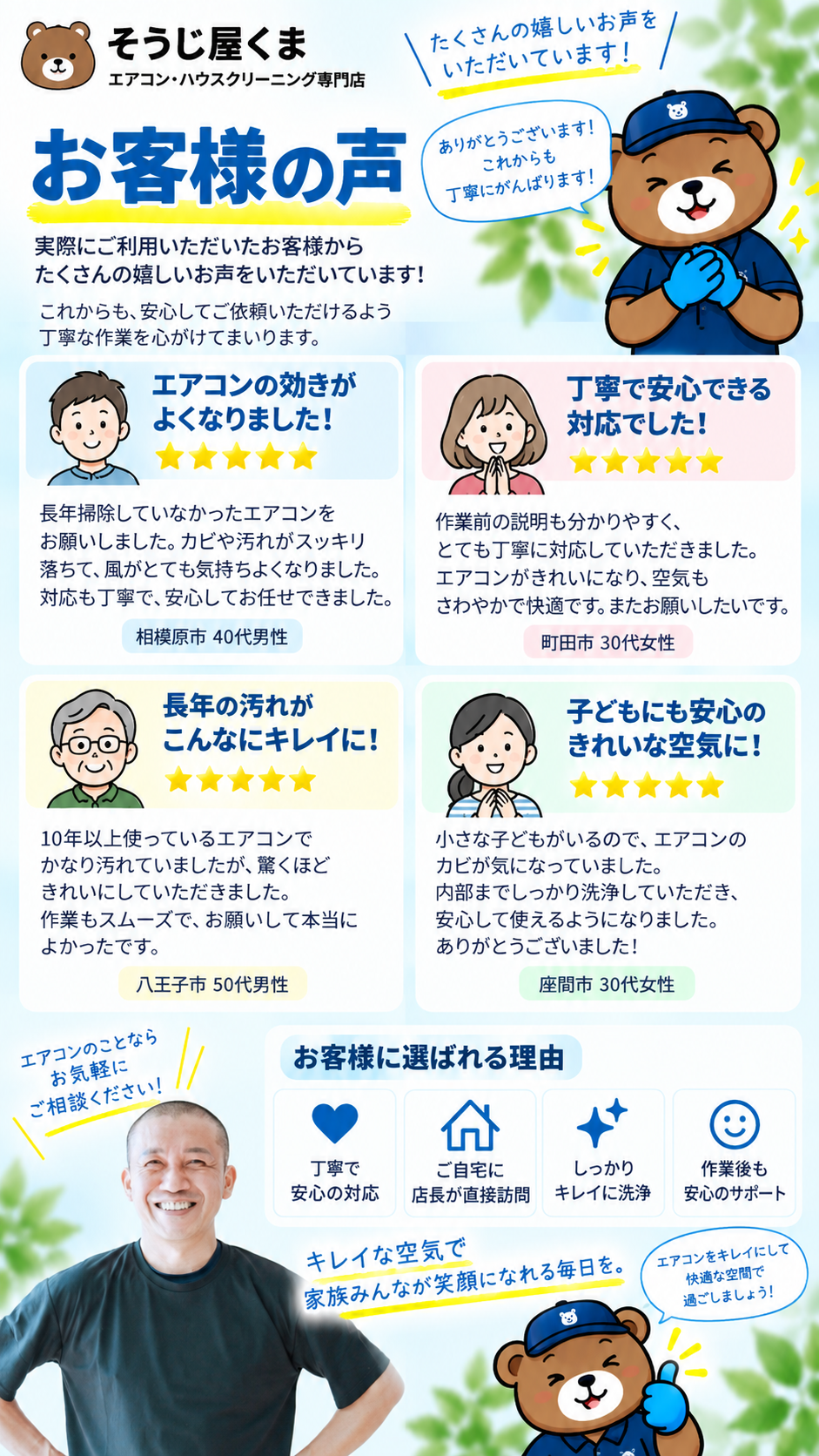 そうじ屋くまのエアコンクリーニングをご利用いただいたお客様の口コミ・感想