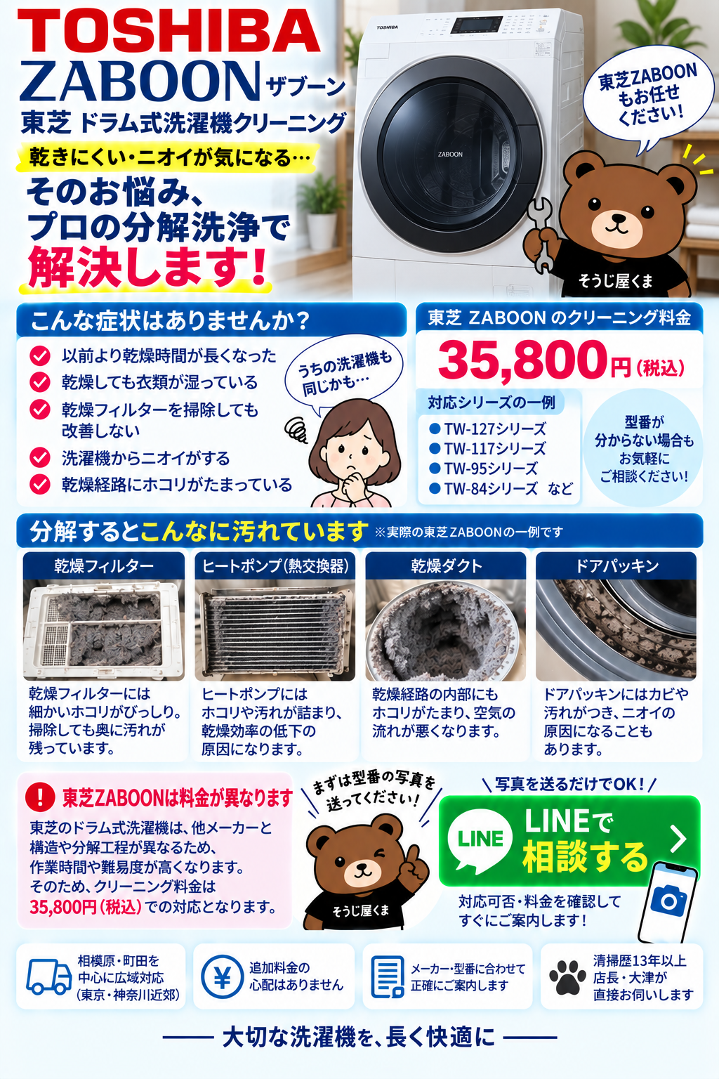 東芝ZABOONドラム式洗濯機クリーニング｜乾燥経路・内部のホコリや汚れを分解洗浄｜そうじ屋くま