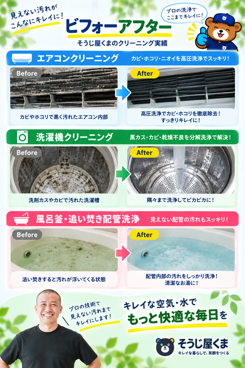エアコン・洗濯機・浴室などハウスクリーニング施工前後のBefore・After
