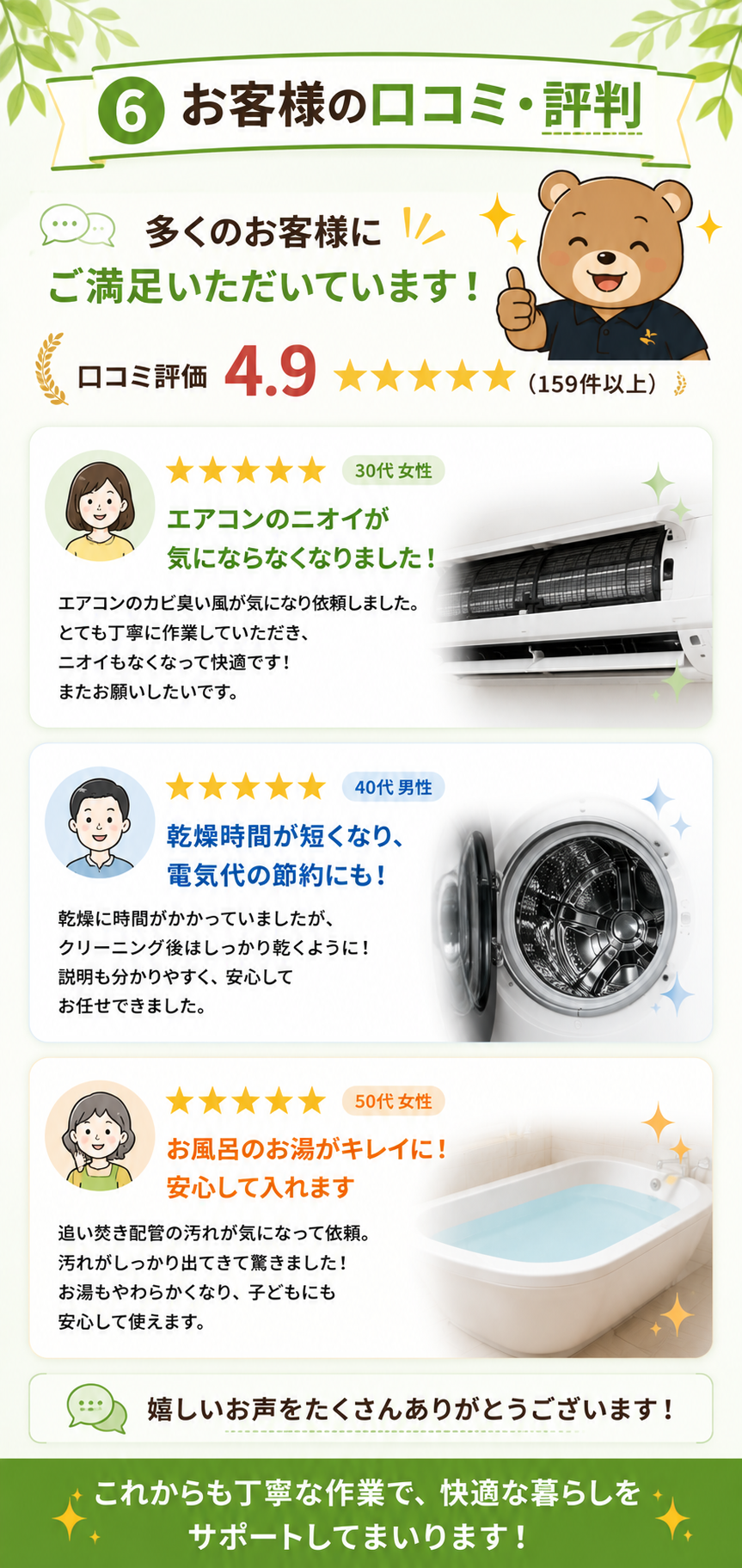 相模原市・町田市・横浜市対応の「そうじ屋くま」お客様の声。ミツモア口コミ159件・総合評価4.9。エアコンクリーニング・洗濯機クリーニング・風呂釜洗浄をご利用いただいたお客様の口コミを紹介する画像。