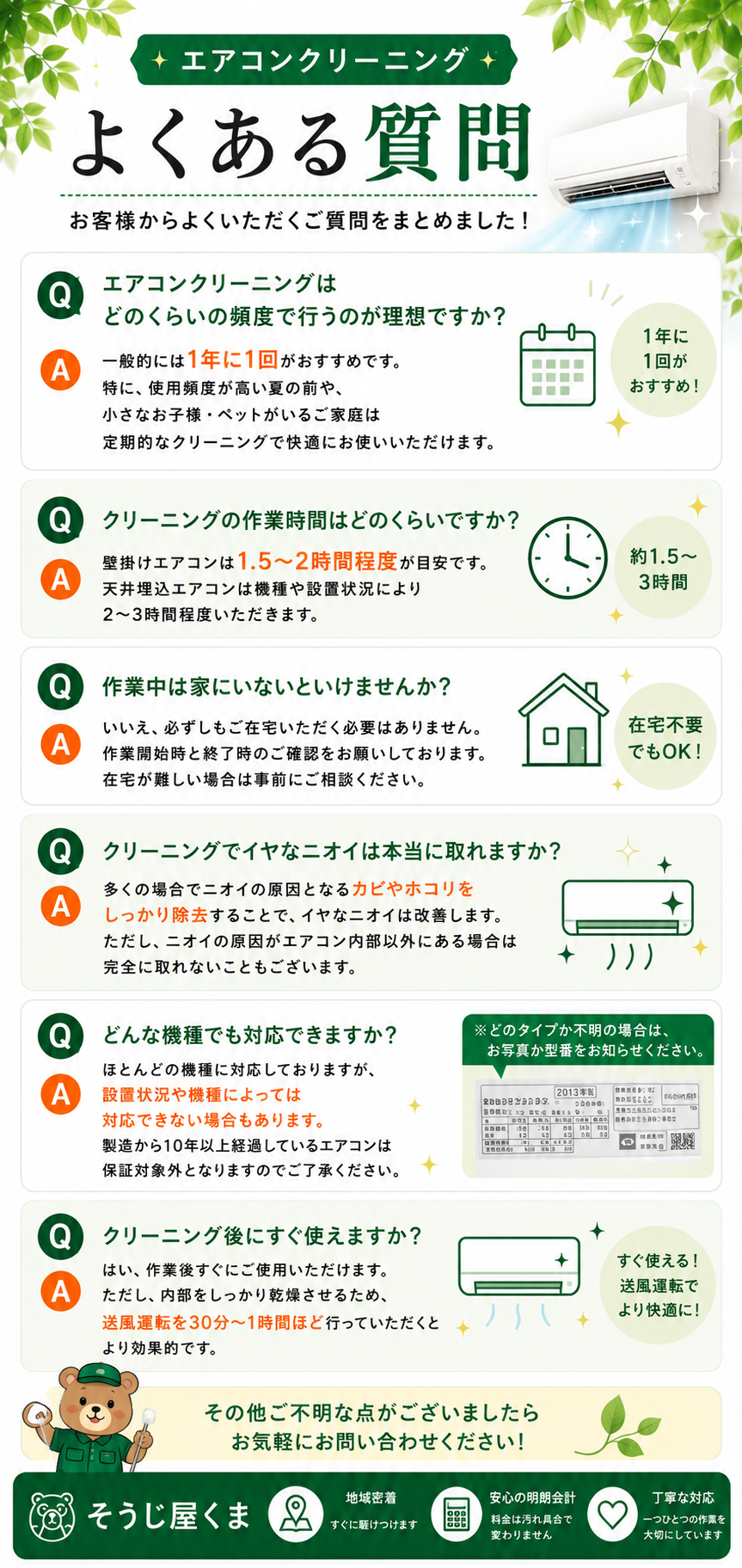 エアコンクリーニングのよくある質問をまとめた縦長のFAQ画像。クリーニングのおすすめ頻度（年1回）、作業時間（壁掛け約1.5～2時間・天井埋込約2～3時間）、作業中の在宅の必要性、ニオイ改善の効果、対応機種、クリーニング後の使用開始時期などをQ&A形式で分かりやすく紹介。タイプが分からない場合は写真や型番で確認可能。そうじ屋くまの問い合わせ案内付き。