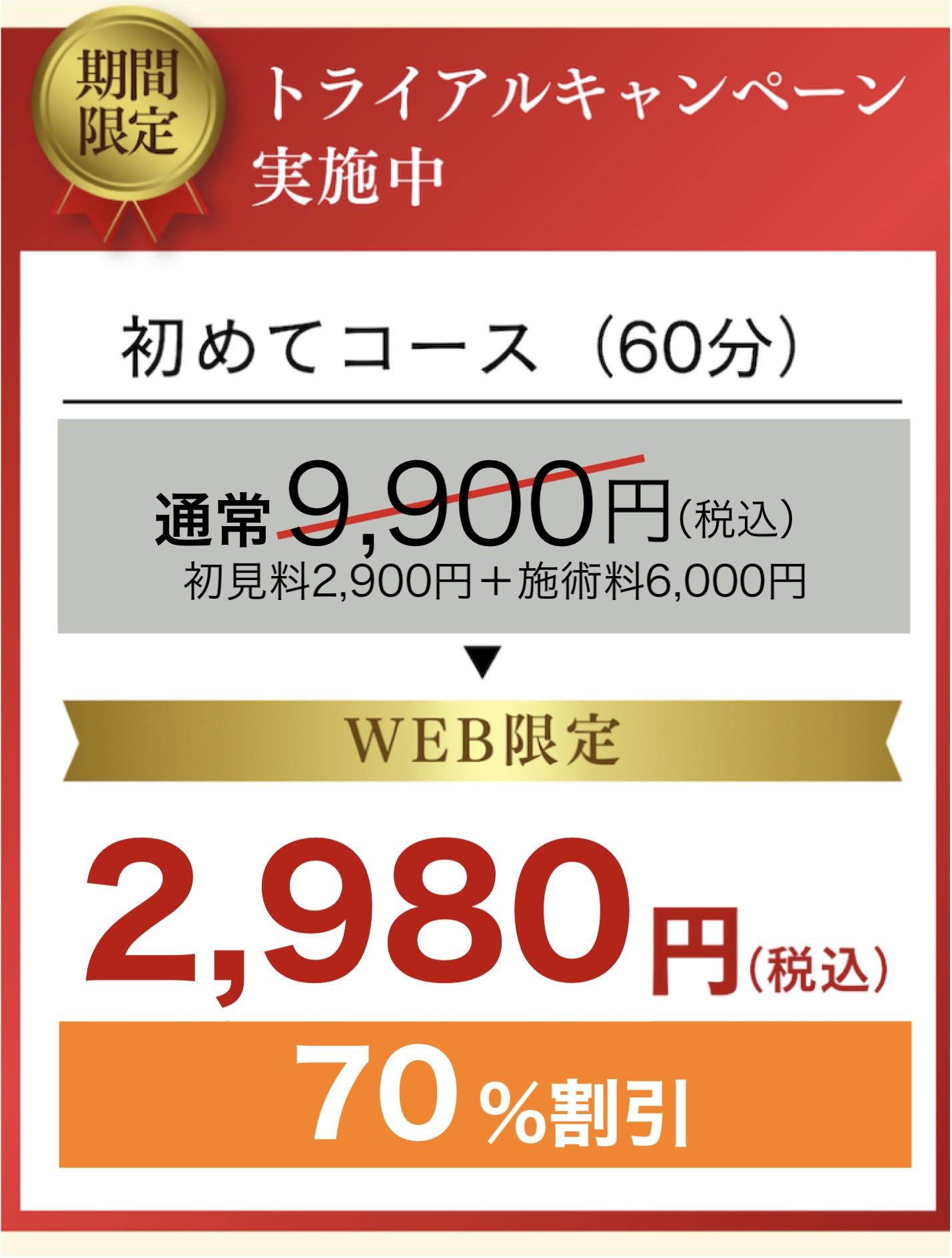 期間限定  トライアルキャンペーン 実施中  初めてコース(60分)  通常9,900円(税込)  初見料2,900円+施術料6,000円  WEB限定  2,480円(税込)  75%割引
