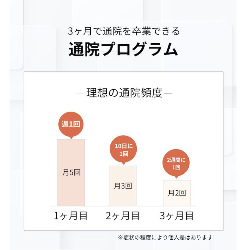 3ヶ月で通院を卒業できる  通院プログラム  ―理想の通院頻度一  週1回  10日に 1回  2週間に 1回  月5回  月3回  月2回  1ヶ月目  2ヶ月目  3ヶ月目  ※症状の程度により個人差はあります