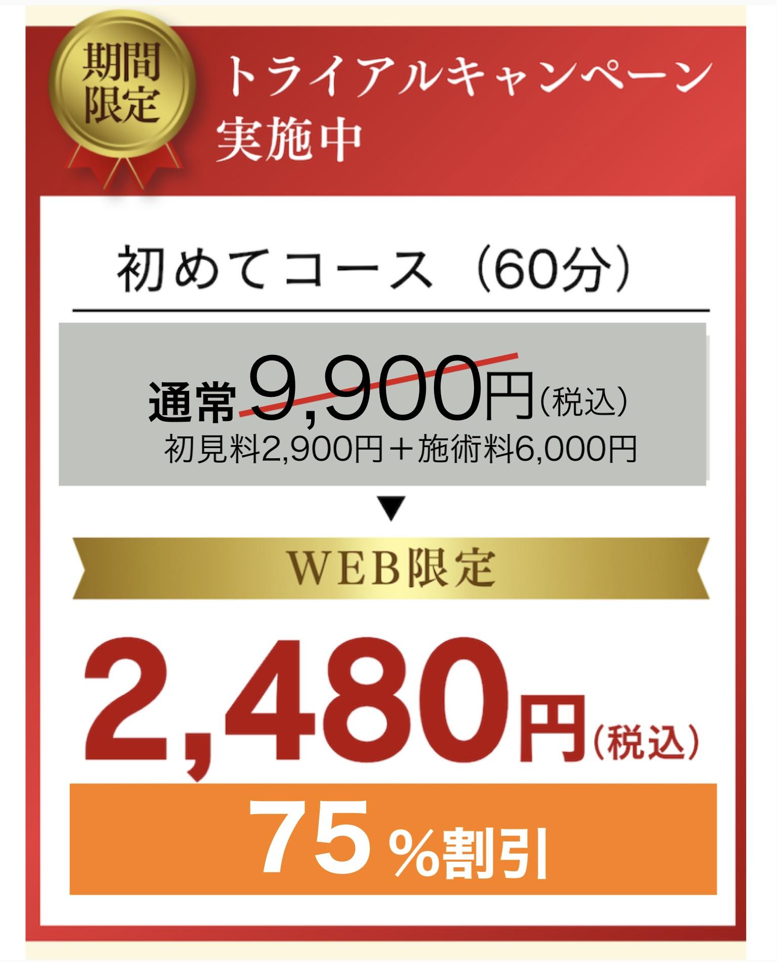 期間限定  トライアルキャンペーン 実施中  初めてコース(60分)  通常9,900円(税込)  初見料2,900円+施術料6,000円  WEB限定  2,480円(税込)  75%割引