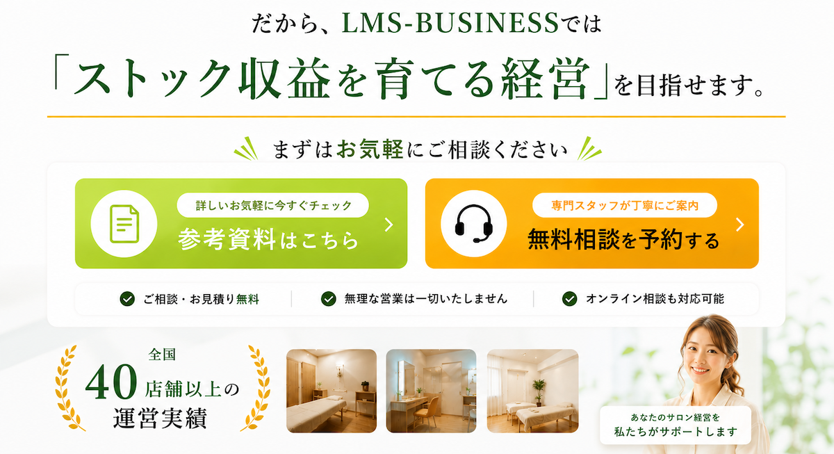 LMS-BUSINESSレンタルサロンと一般的なレンタルサロンの違いを運営・集客・サポート・収益モデルで比較した図