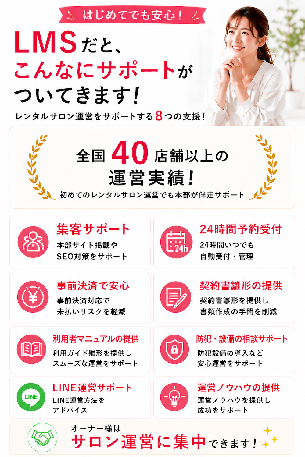 LMSレンタルサロンの8つのサポート内容。利用者集客、予約管理システム、事前決済対応、契約書雛形、利用者マニュアル、防犯・設備相談、LINE運営サポート、運営ノウハウ提供を紹介
