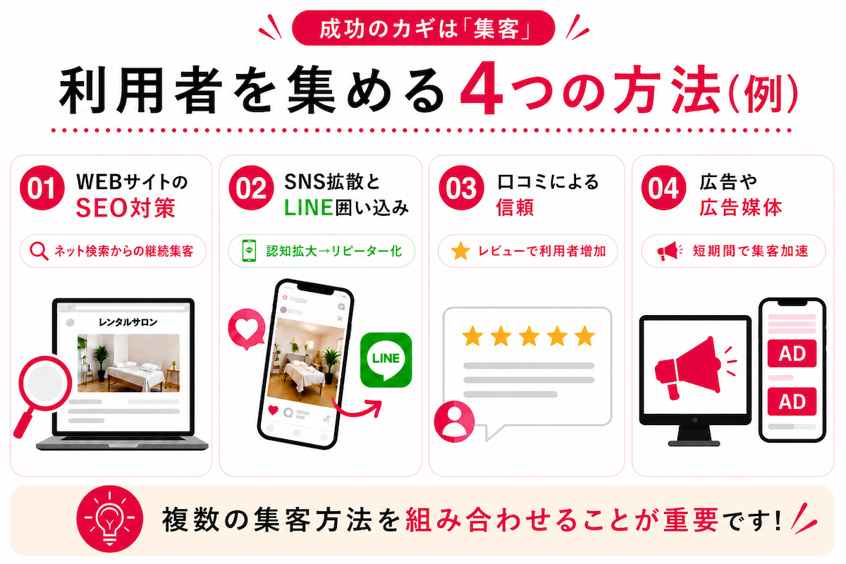 レンタルサロンの利用者を集める4つの方法を解説した図解。SEO対策、SNS集客、LINE活用、口コミ獲得、広告運用による集客戦略を紹介