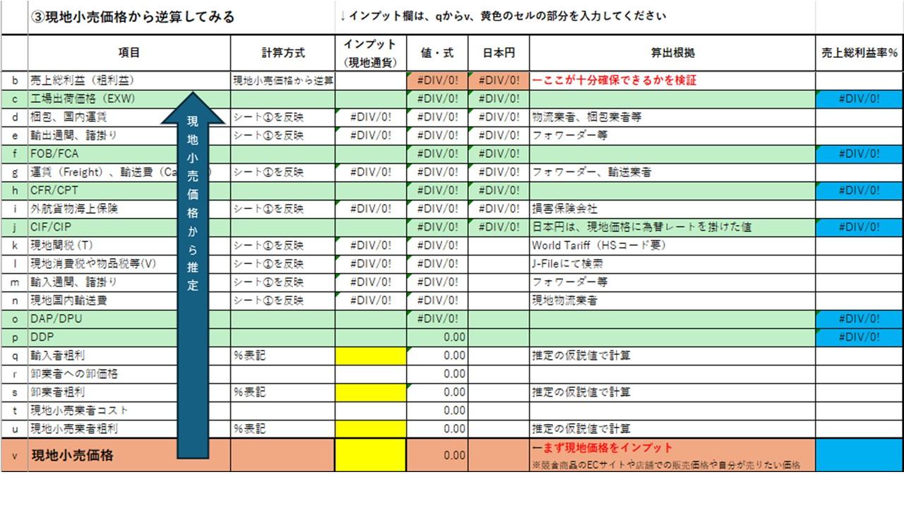 輸出価格算出および現地価格から逆算できるエクセルシートの商品画像