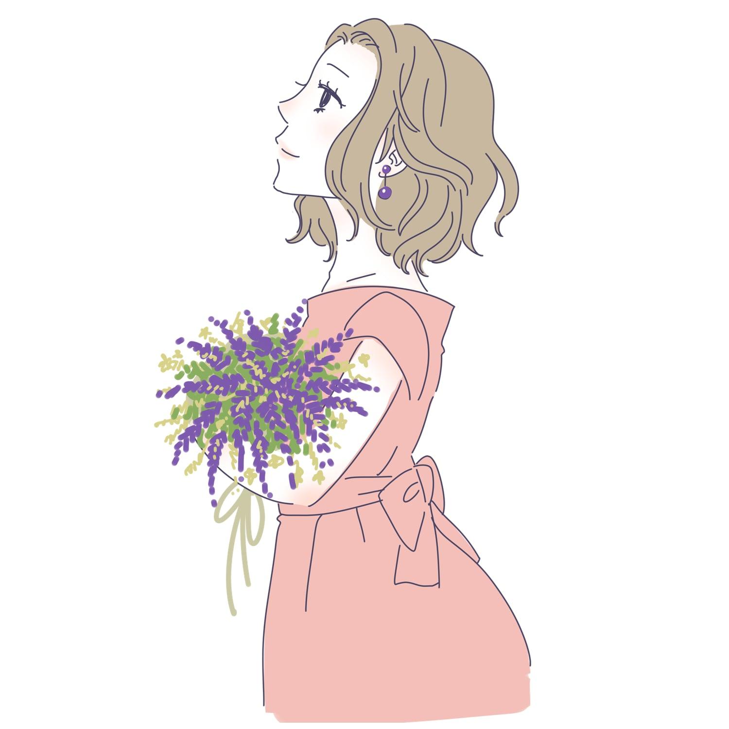 花束を抱えて空を見上げる女性のイラスト