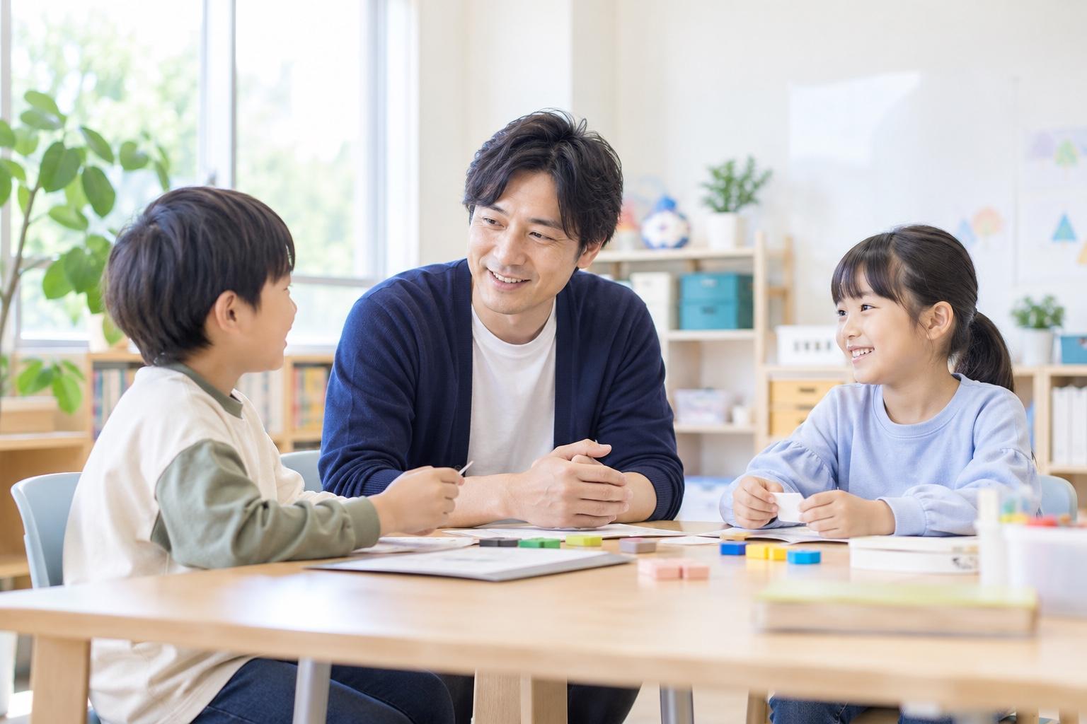子どもたちと笑顔でコミュニケーションを取る男性スタッフ