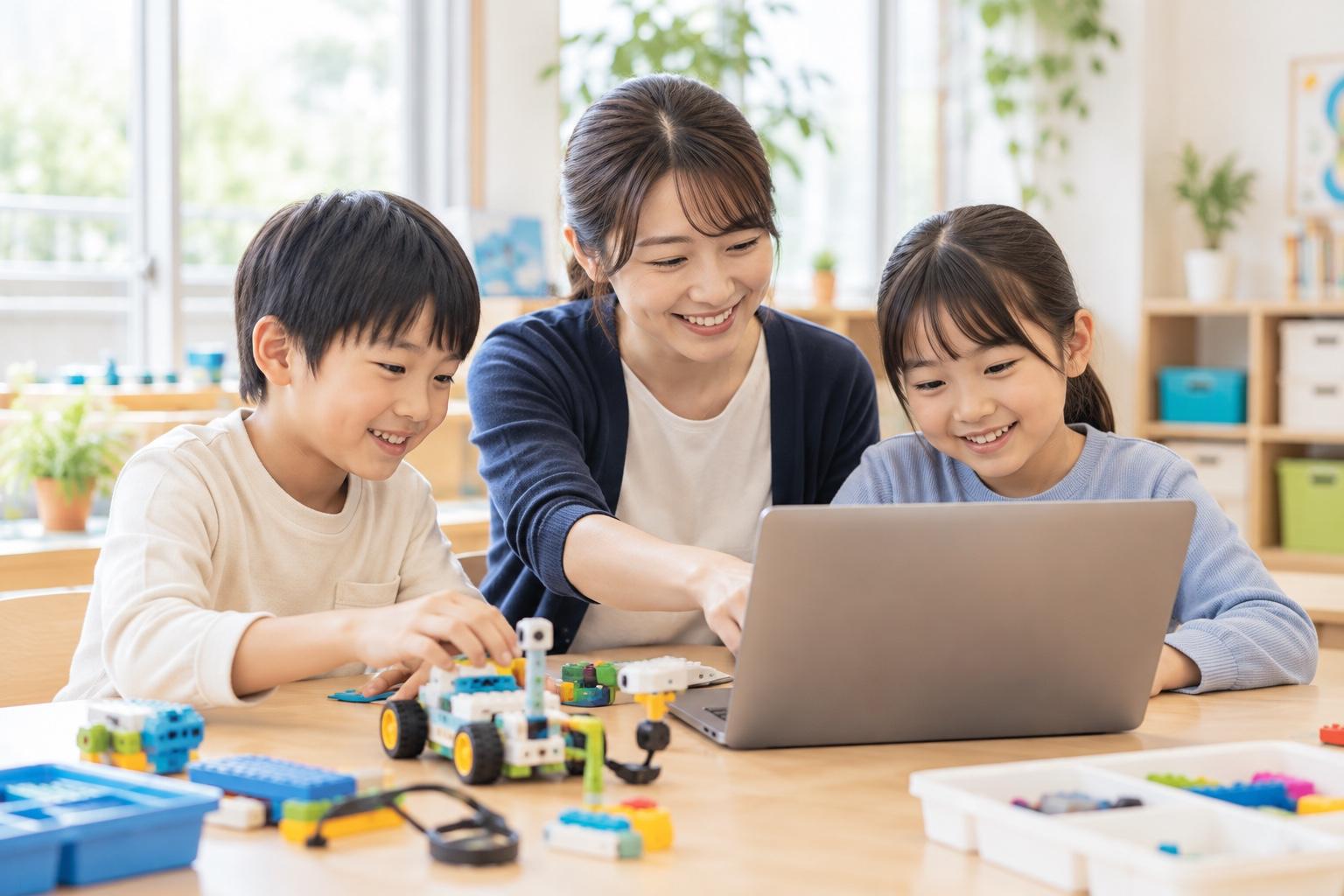 スタッフのサポートを受けながらパソコンや教材を使って学ぶ子どもたち