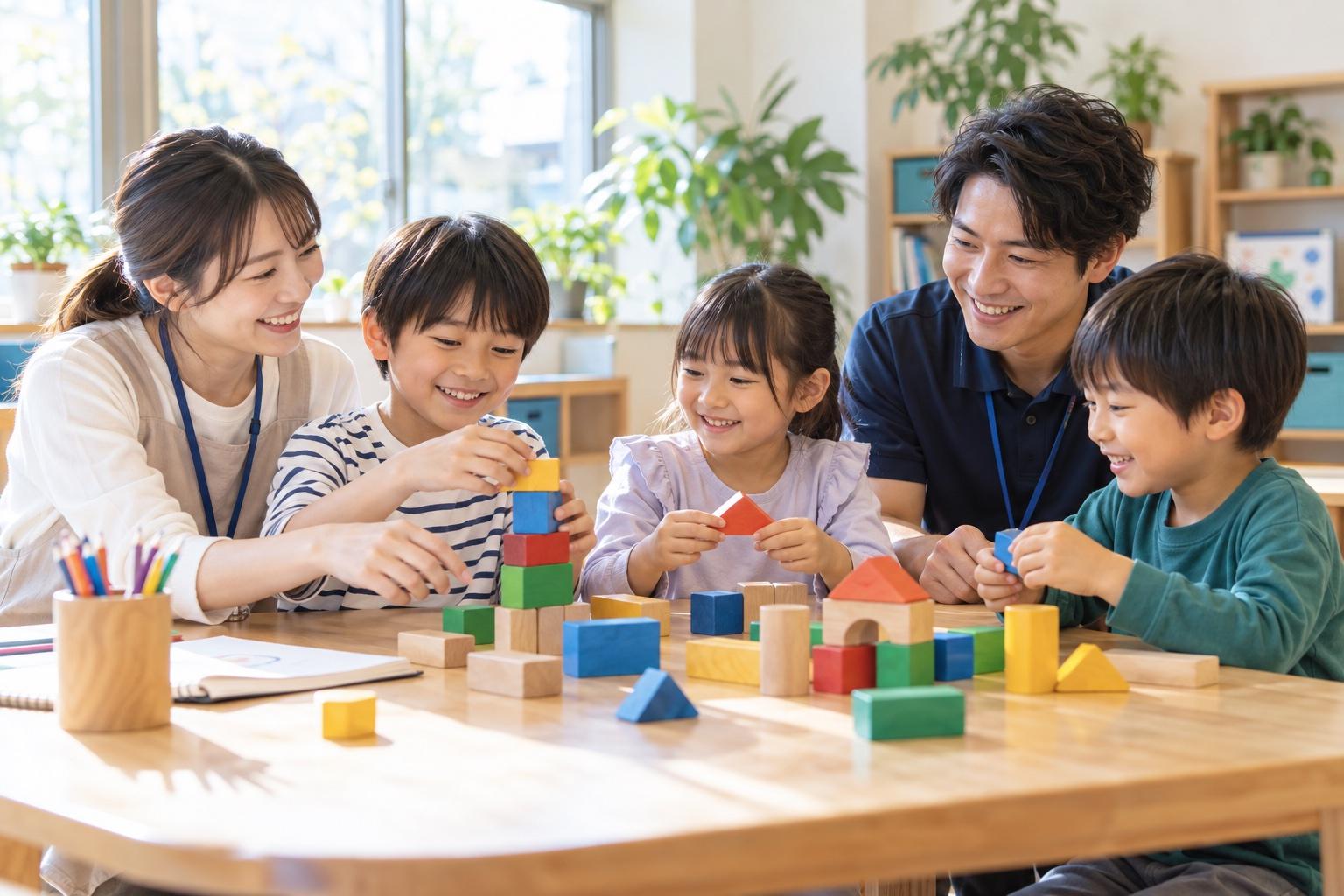 スタッフと子どもたちが笑顔で積み木遊びを楽しむ様子