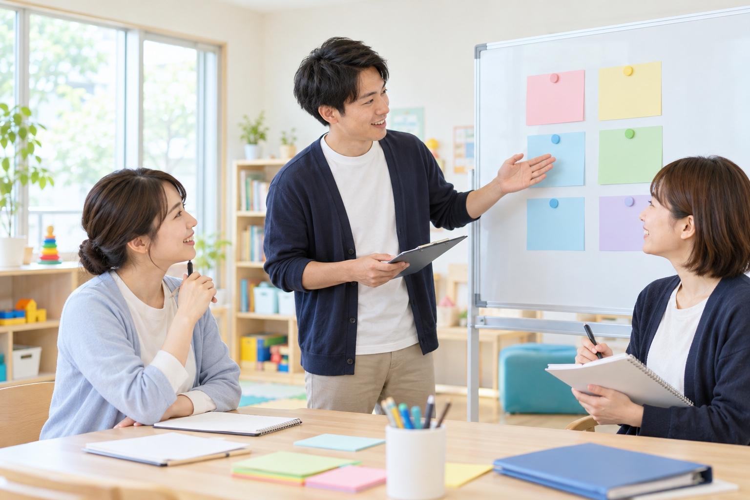 子どもへの支援方法についてホワイトボードを使って話し合うスタッフ