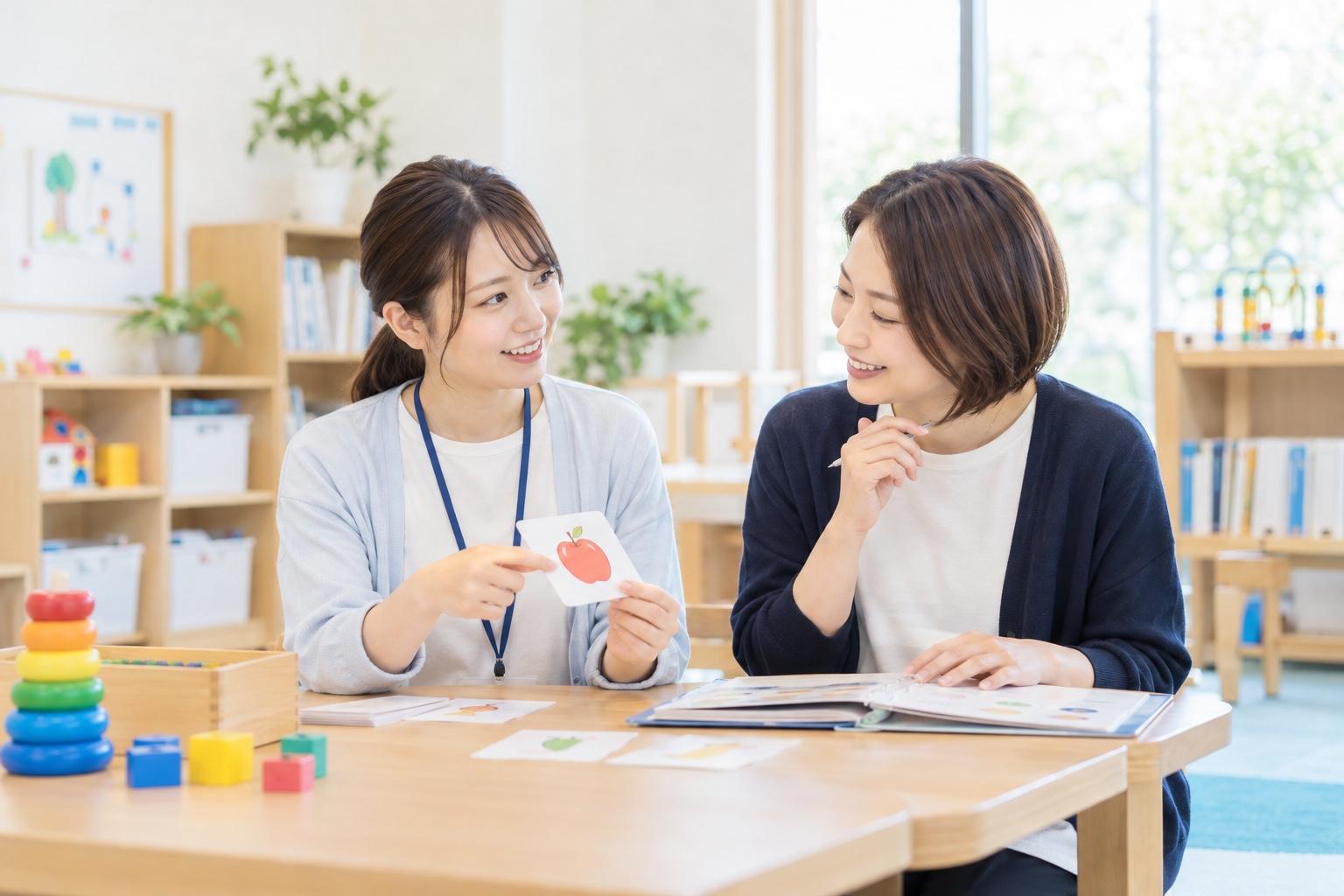 支援について学ぶ女性スタッフと先輩スタッフが相談する様子