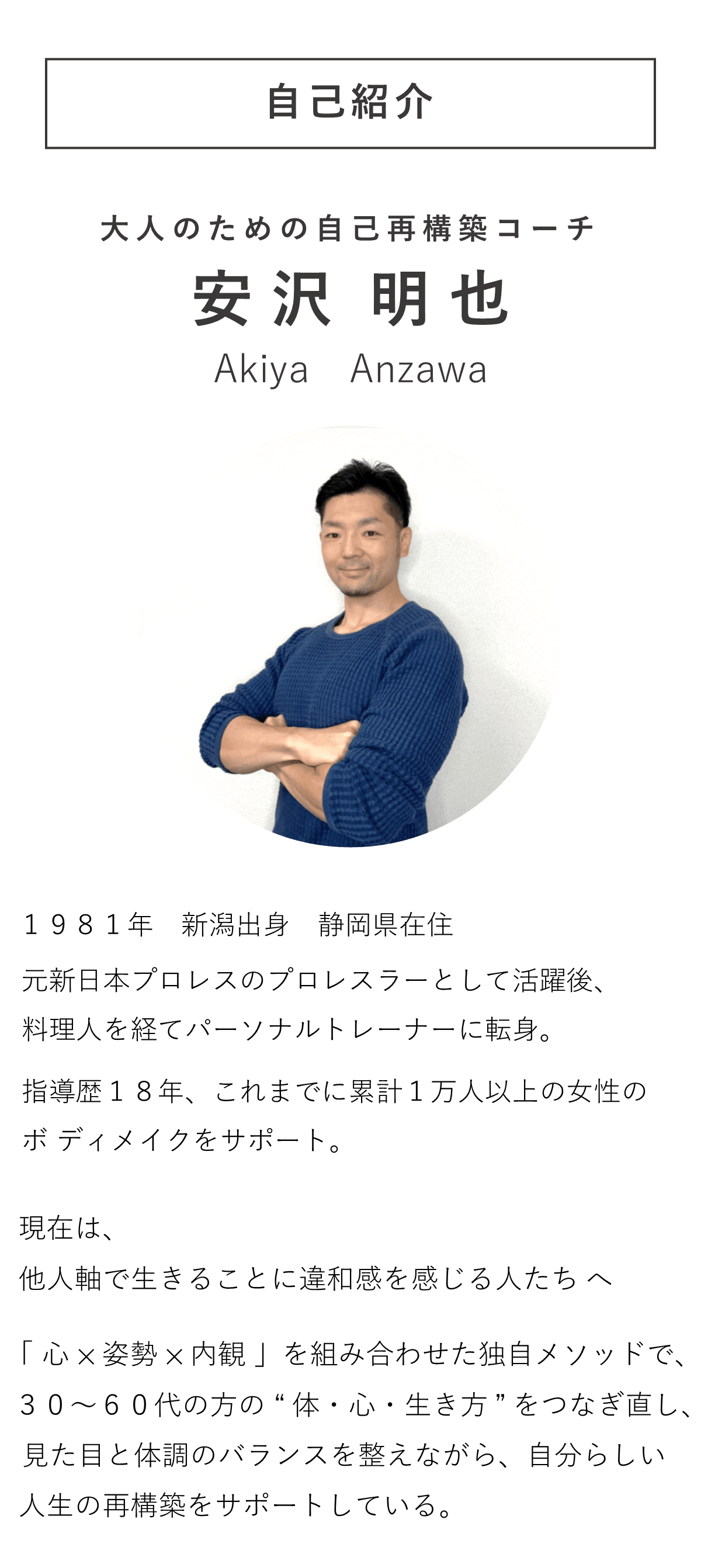 元新日本プロレスのプロレスラーとして活動し、料理人を経てパーソナルトレーナー、コーチとなった指導者のプロフィール紹介。