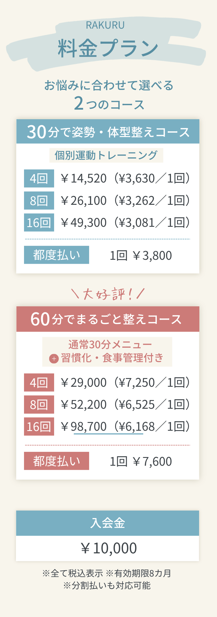 RAKURUオンラインパーソナルトレーニング料金プラン｜30分姿勢体型整えコース・60分まるごと整えコース｜都度払い・分割払い対応