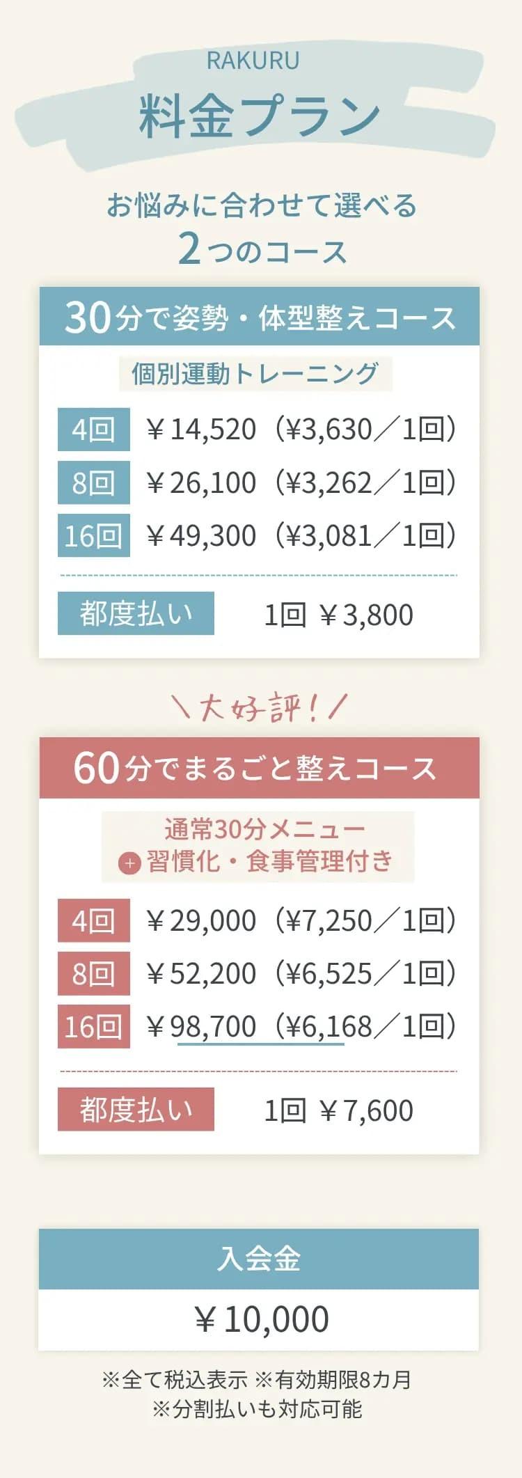 女性向けオンラインパーソナルジムの料金プラン｜30分・60分コースと都度払い・分割払い案内｜RAKURU