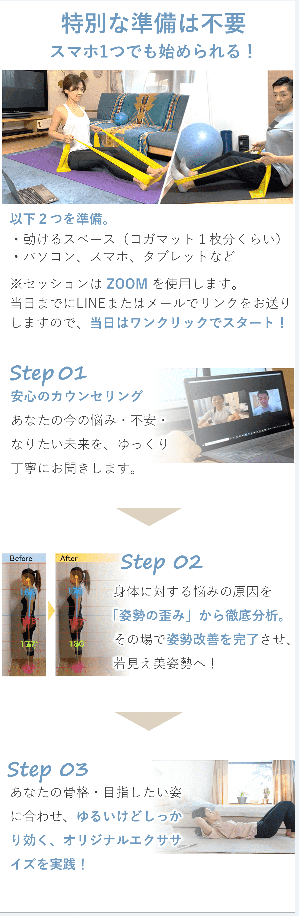 オンラインパーソナルトレーニングジムBIKINでの体験会の流れ・内容。事前準備 スマホ1つでも始められる。特別な準備は不要。身体を動かせるスペースを確保して、パソコンか、スマホか、タブレットを前に置けるようにしておくだけでOK！ ステップ１：ZOOMを使用します。事前にメール、LINEでお送りするZOOMのリンクをクリックしてスタート！女性のべ１万人以上の悩みを聞いてきた安心のカウンセリング。 ステップ２：あなたのボディメイクの悩みを体の歪みから徹底分析し改善策を示します。 ステップ３：遠隔でここまでできちゃう！わずか９０分で若見え美姿勢に！ ステップ４：あなたの体質、目的に合わせた運動苦手でもできる効果の高い筋トレを実践。画像は、女性専門姿勢改善パーソナルトレーナー安沢がカウンセリングを行う様子、姿勢矯正を行う様子。運動指導を行う様子。