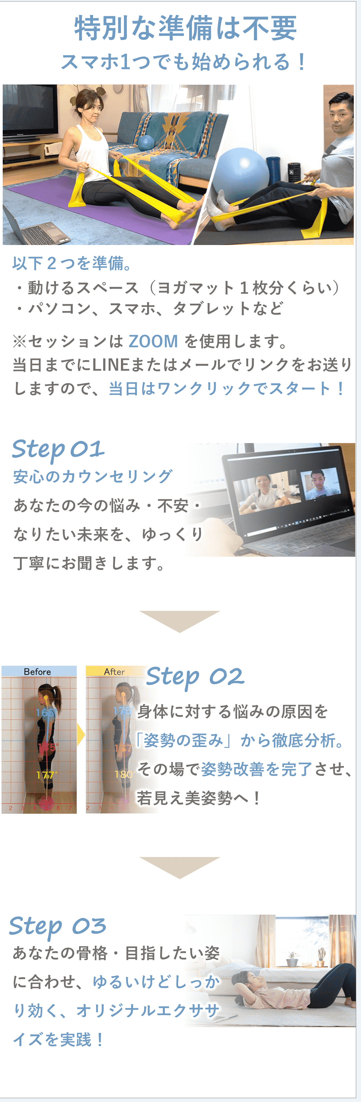 オンラインパーソナルトレーニングジムBIKINでの体験会の流れ・内容。事前準備 スマホ1つでも始められる。特別な準備は不要。身体を動かせるスペースを確保して、パソコンか、スマホか、タブレットを前に置けるようにしておくだけでOK！ ステップ１：ZOOMを使用します。事前にメール、LINEでお送りするZOOMのリンクをクリックしてスタート！女性のべ１万人以上の悩みを聞いてきた安心のカウンセリング。 ステップ２：あなたのボディメイクの悩みを体の歪みから徹底分析し改善策を示します。 ステップ３：遠隔でここまでできちゃう！わずか９０分で若見え美姿勢に！ ステップ４：あなたの体質、目的に合わせた運動苦手でもできる効果の高い筋トレを実践。画像は、女性専門姿勢改善パーソナルトレーナー安沢がカウンセリングを行う様子、姿勢矯正を行う様子。運動指導を行う様子。