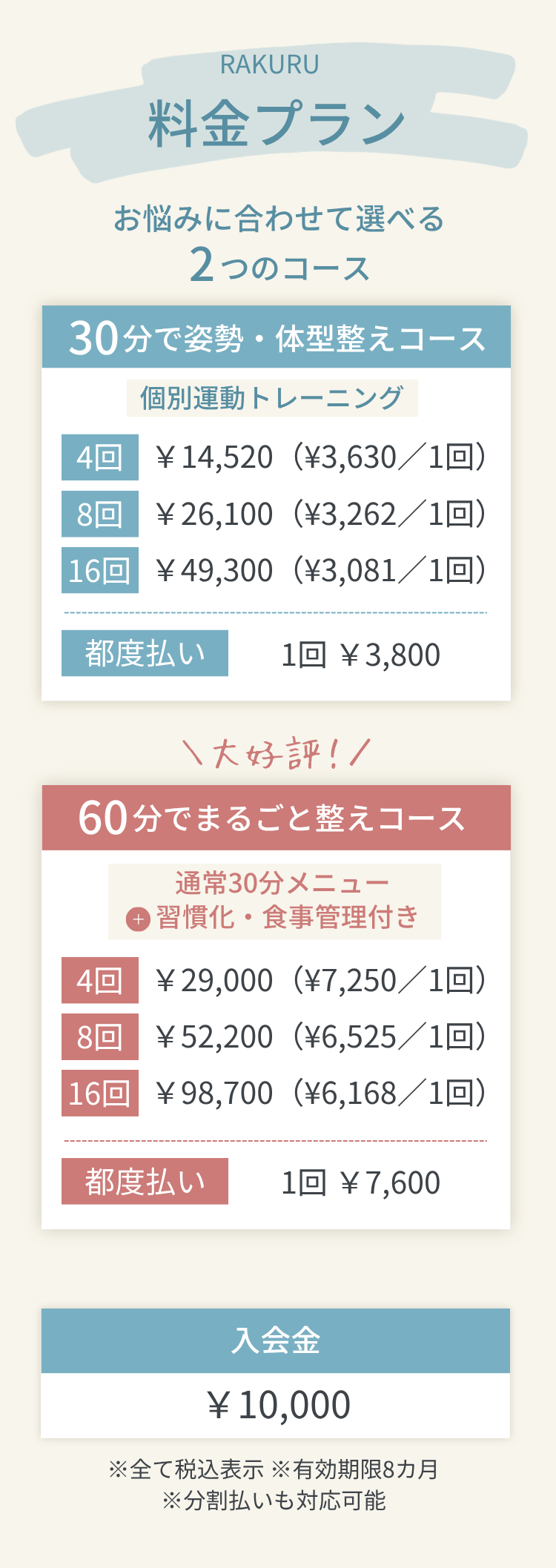 RAKURUオンラインパーソナルトレーニング料金プラン｜30分姿勢体型整えコース・60分まるごと整えコース｜都度払い・分割払い対応