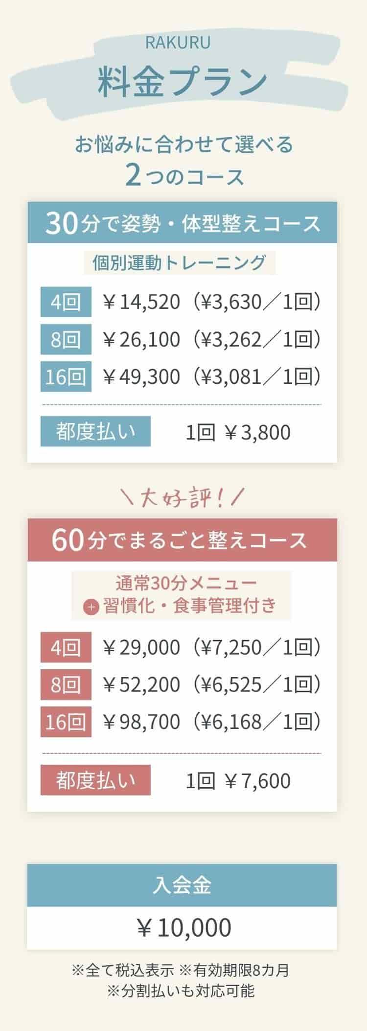 女性向けオンラインパーソナルジムの料金プラン｜30分・60分コースと都度払い・分割払い案内｜RAKURU