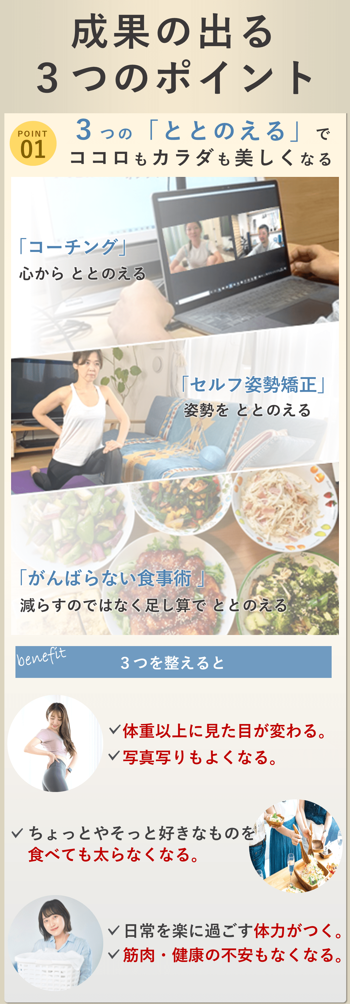 オンラインパーソナルトレーニングジムBIKINで成果が出る3つの理由を伝える。  １つ目ががんばらないでー3キロ若見えボディメイク。 オンラインセッションを行う様子の画像、家でストレッチをする女性、食事の画像を使用。  若見えボディメイクをするとこんなに良いことが ・ボディラインが変わるから、気に入った服を気にせず着られる。写真写りもよくなる。 ・日常生活を楽に過ごす体力がつく。将来への筋肉・健康への不安もなくなる。 ・ちょっとやそっと好きなものを食べても太らなくなる。