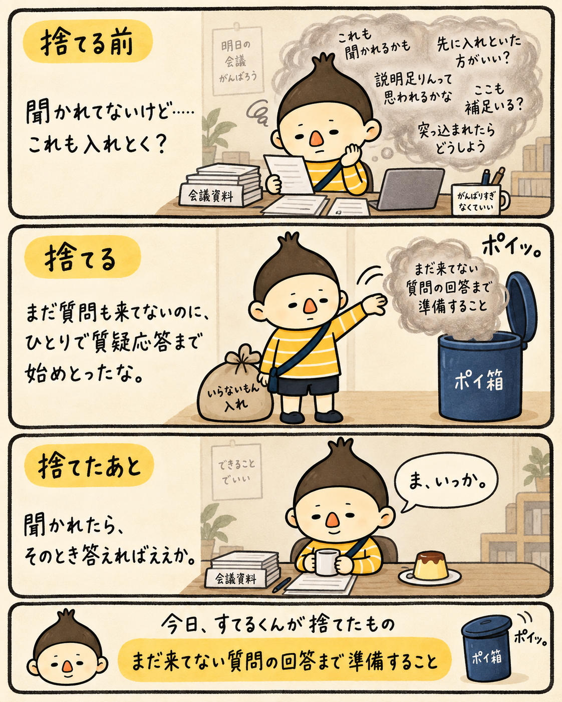 すてるくんが考えすぎを手放す、3段構成の漫画。捨てる前、捨てる、捨てたあとの順に読みます。
