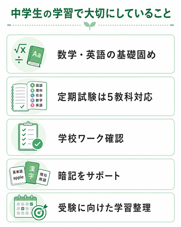 定期試験対策で数学・英語・5教科に対応する中学生の学習イメージ