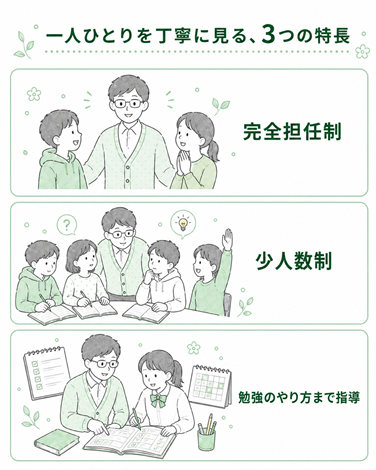 授業・面談・保護者連絡を一貫担当、少人数制、勉強のやり方指導という3つの特長を示すイラスト