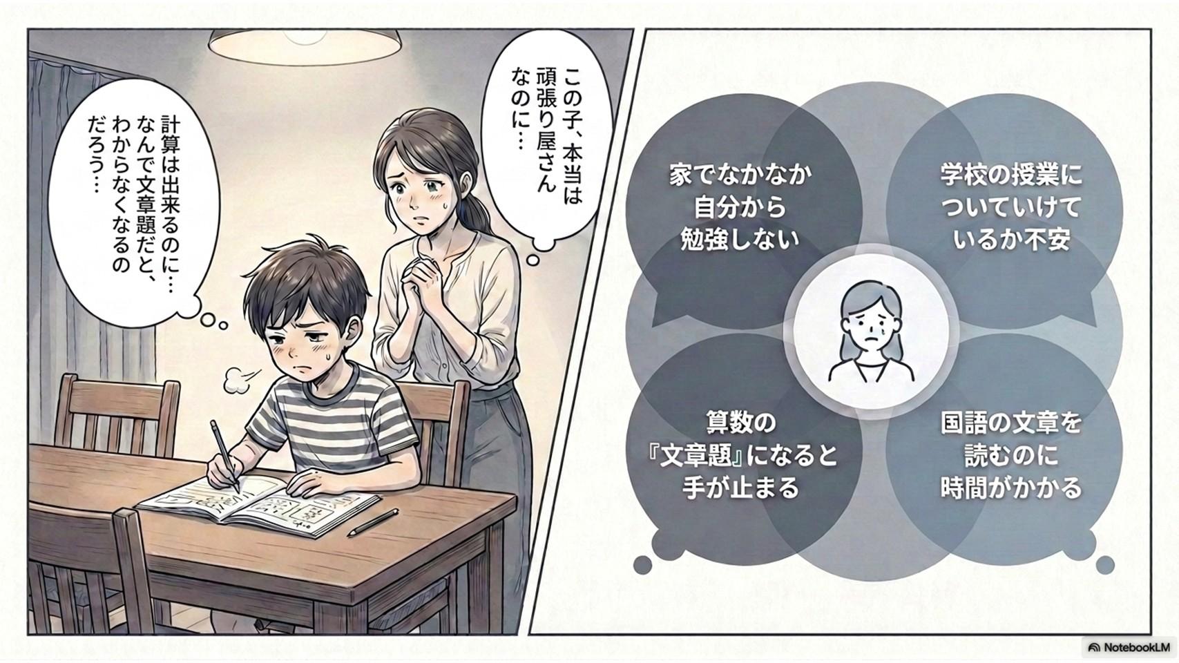 計算はできるのに、算数の「文章題」になると手が止まってしまう。 国語の文章を読むのに時間がかかる、または適当に読んでしまう。新宿区哲学堂の小学生学習塾。