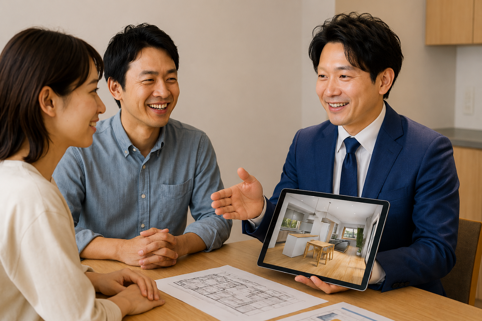 リフォームアウトレット社員がプランの説明をしているイメージ