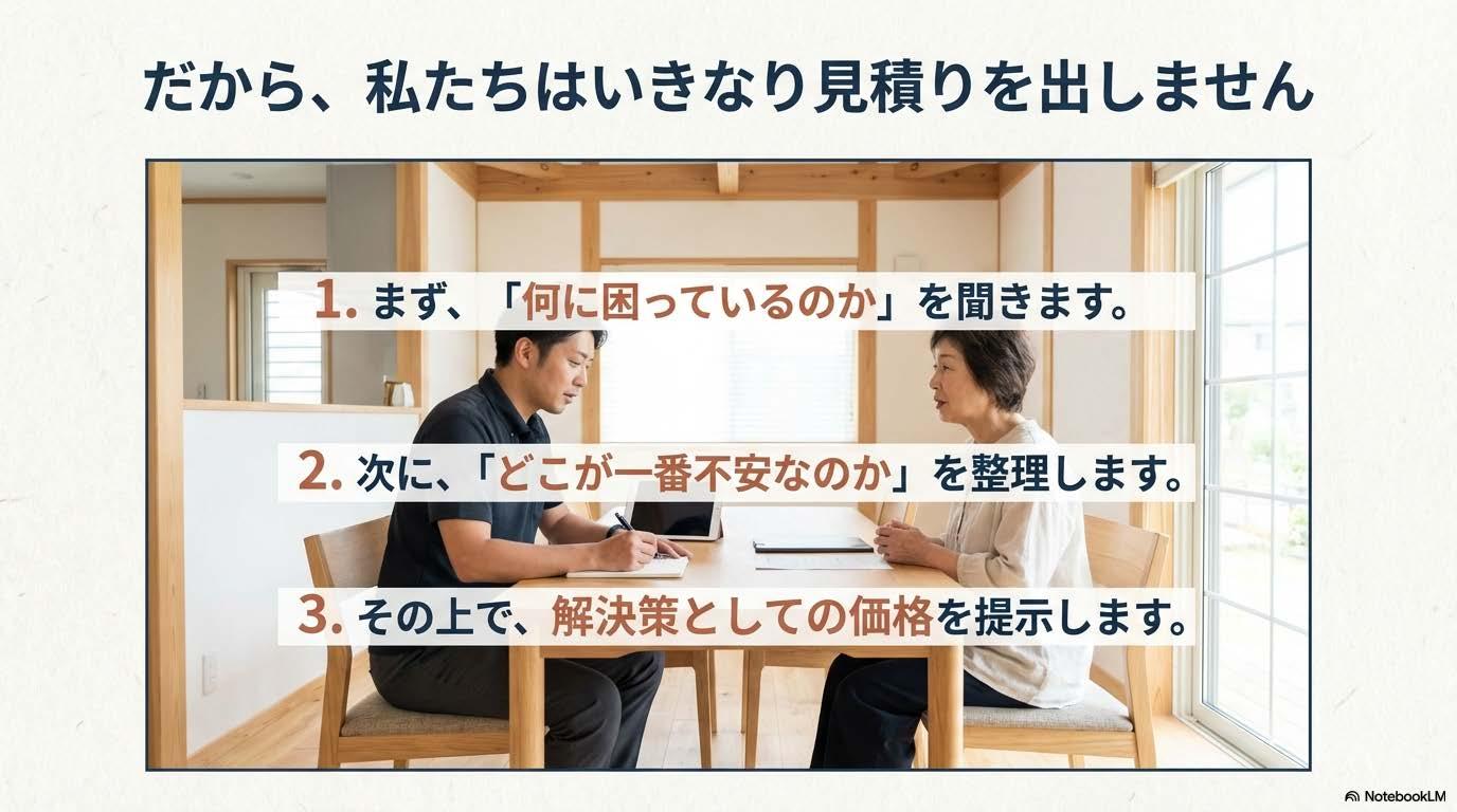 私たちはいきなり見積はだしません。リフォームアウトレット