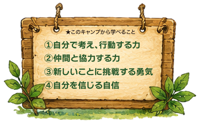 ★このキャンプから学べること ①自分で考え、行動する力 ②仲間と協力する力 ③新しいことに挑戦する勇気 ④自分を信じる自信