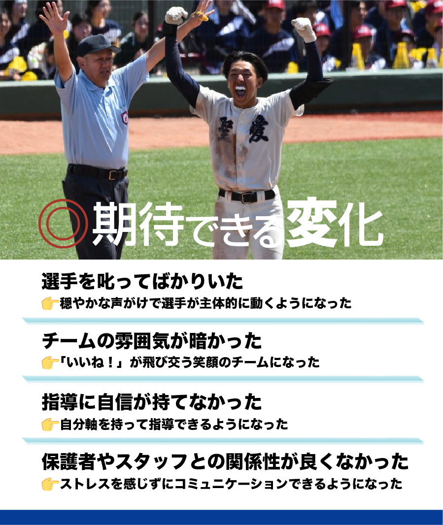 ◎期待できる変化👉️ストレスを感じずにコミュニケーションできるようになった保護者やスタッフとの関係性が良くなかった👉️自分軸を持って指導できるようになった指導に自信が持てなかった👉️「いいね！」が飛び交う笑顔のチームになったチームの雰囲気が暗かった👉️穏やかな声がけで選手が主体的に動くようになった選手を叱ってばかりいた