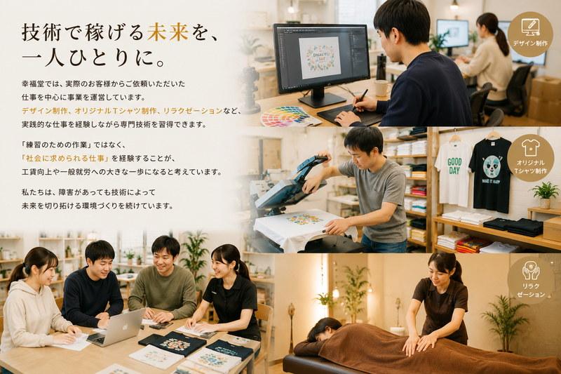 デジタル工房幸福堂のデザイン制作・オリジナルTシャツ制作・リラクゼーションの仕事風景