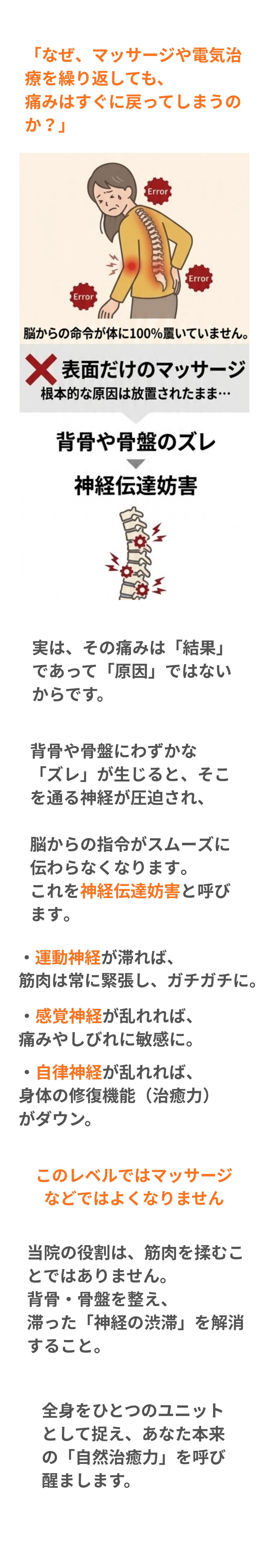 名取市で坐骨神経痛や自律神経の不調を根本改善する仕組みを解説。繰り返す不調の正体は、背骨のズレによる「神経の伝達妨害」です。①感覚神経（痛み・しびれ）、②運動神経（動き・筋力）、③自律神経（内臓・回復）の3つの働きにおいて、どこでエラーが起きているかを特定。マッサージで改善しない足のしびれや慢性の腰痛、頭痛、耳鳴りの原因を精密検査で追求し、神経の伝達を正常化させる名取とがし整骨院の専門施術です。