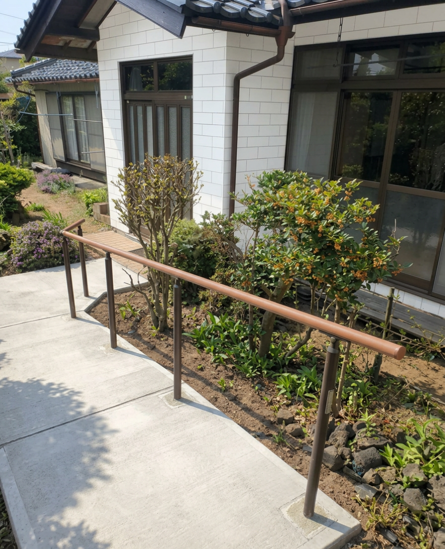 介護保険で手すりの設置、コンクリートでフラットにした