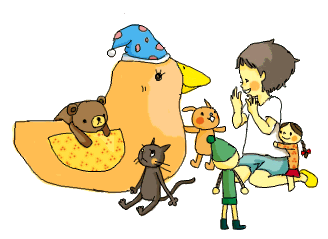 女の子が動物やぬいぐるみとお話ししている画像